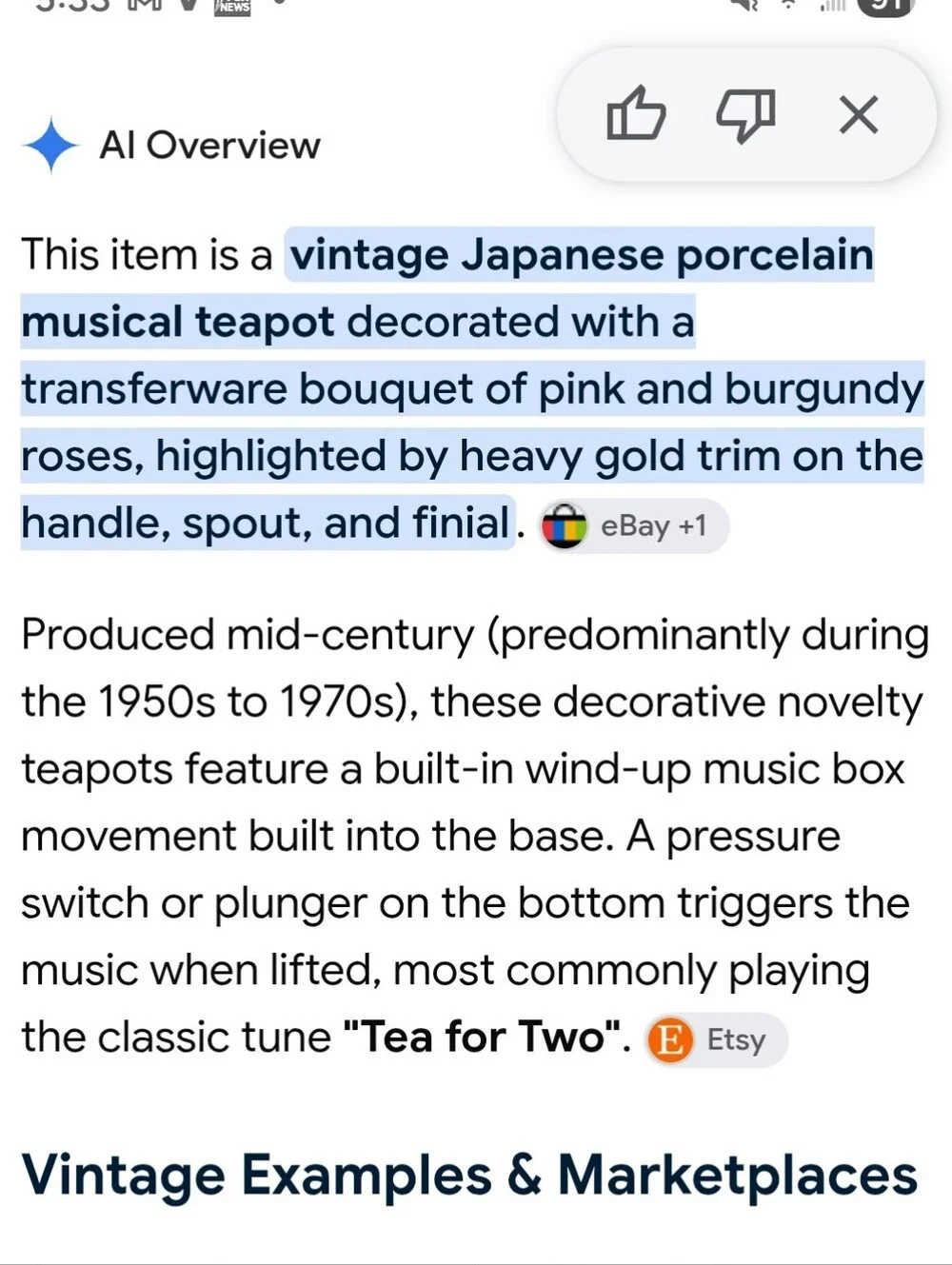 Vintage Mid-century Japanese Porcelain musical teapot. Gold Trimmed